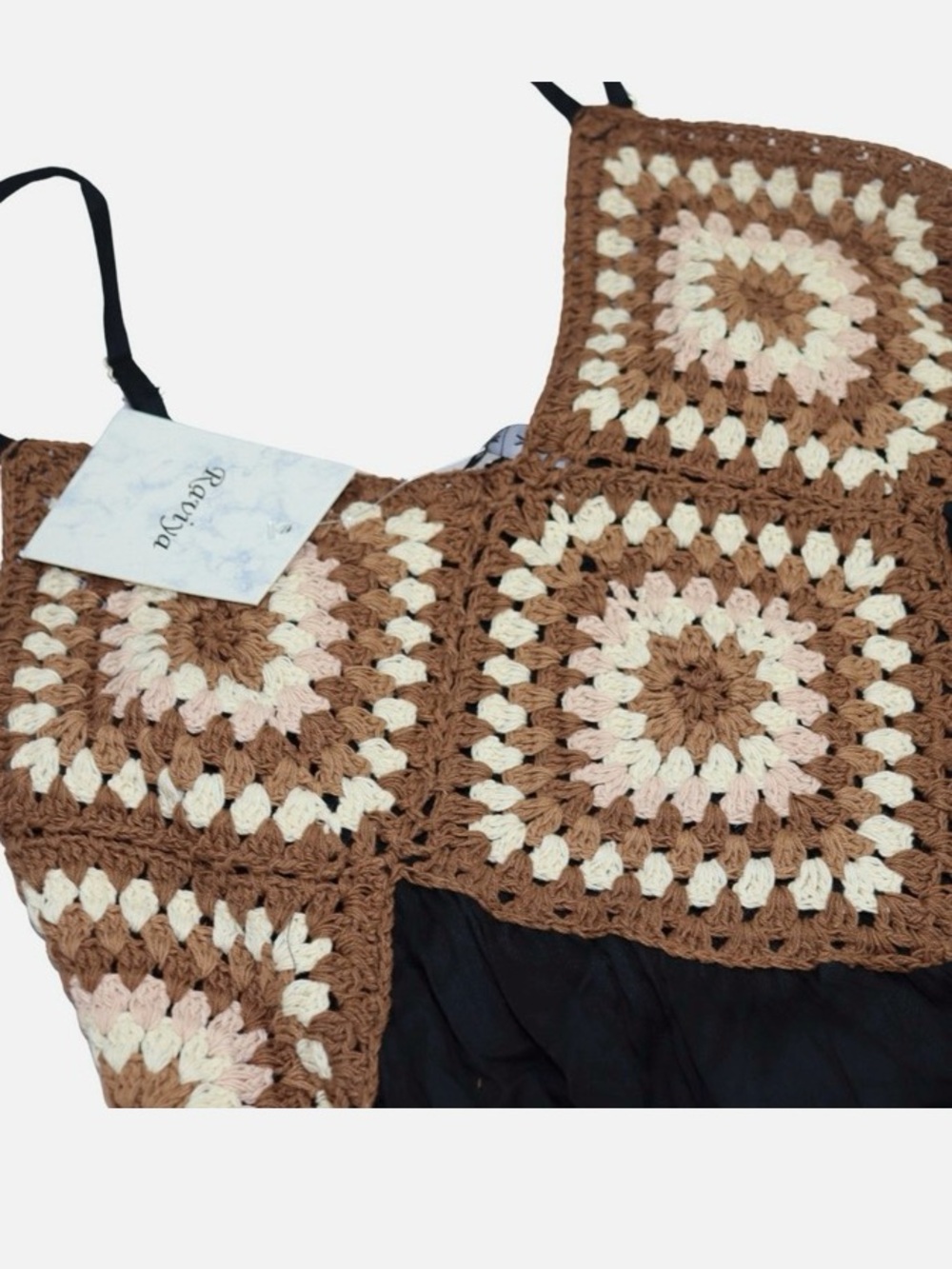 Raviya Crochet Midi Dress with Brown, Cream Panels